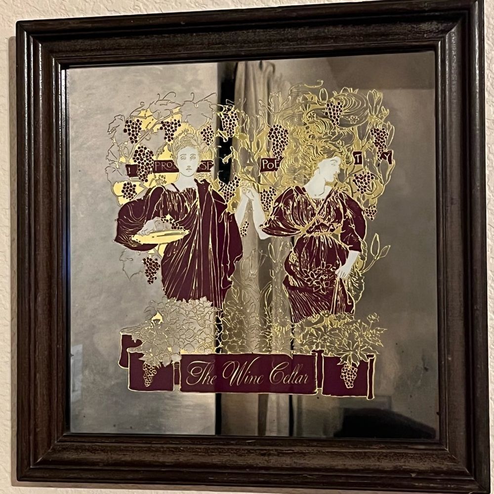 Vintage Lucid Lines “The Wine Cellar” Grecian Mirror Graphic 1970s Gold Burgundy - Picture 3 of 13